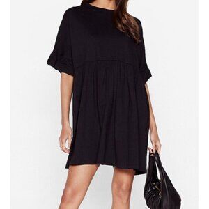 Nasty Gal Black Smocked Ruffle Oversized Mini Dress Size 0 Short Sleeve